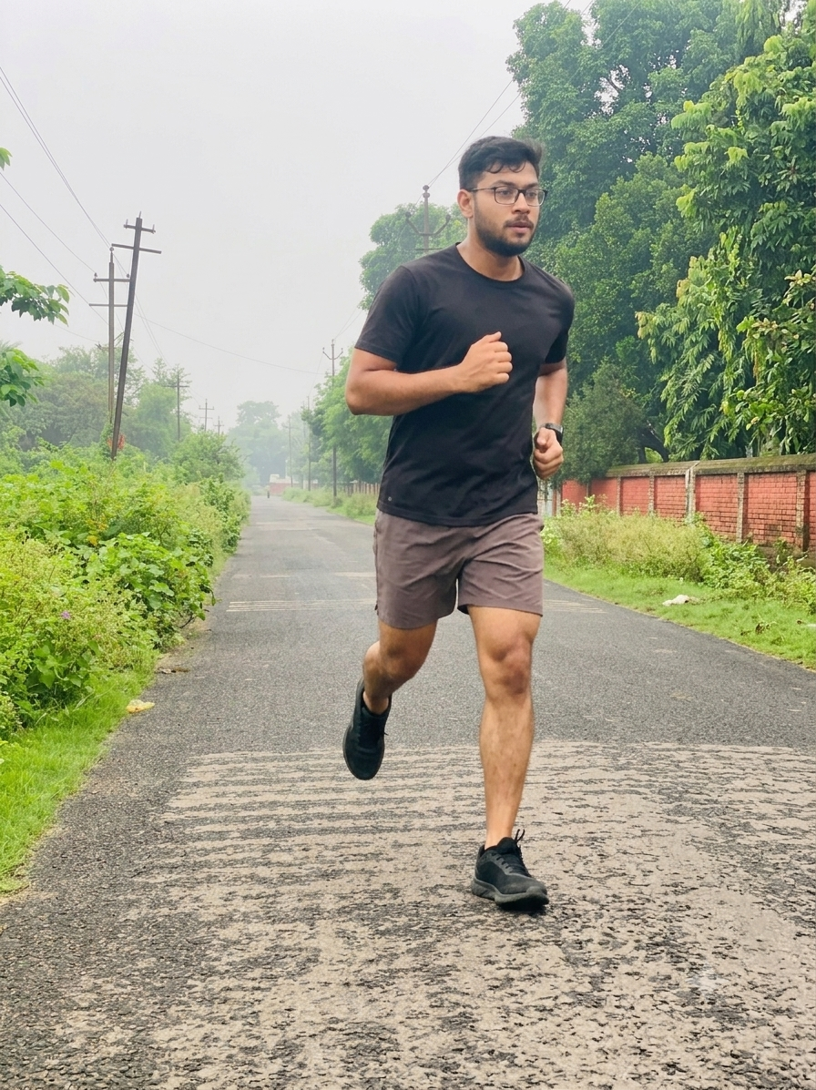 Abhimanyu, a professor in Bihar, running on a quiet road as part of his FitSaarthi plan